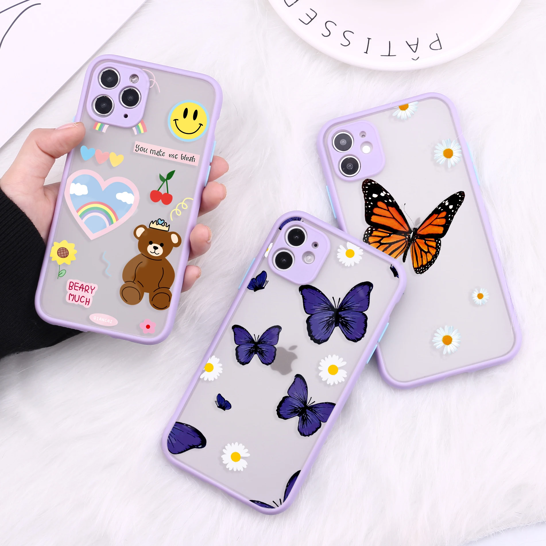 

Cartoon Bear Butterfly Camera Protection Phone Cases For iPhone 11 Pro Max XR XS Max X 8 7 6S Plus Matte Shockproof Back Cover