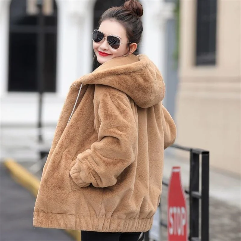 

Faux Rabbit fur Hooded Jacket loose Plush Winter Outwear Female oversized Coats Solid color long-sleeved zipper Hoodies Coats