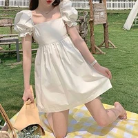 qweek summer white princess fairy dress french backless puff sleeve kawaii cute mini party dresses for women 2021 soft girl chic