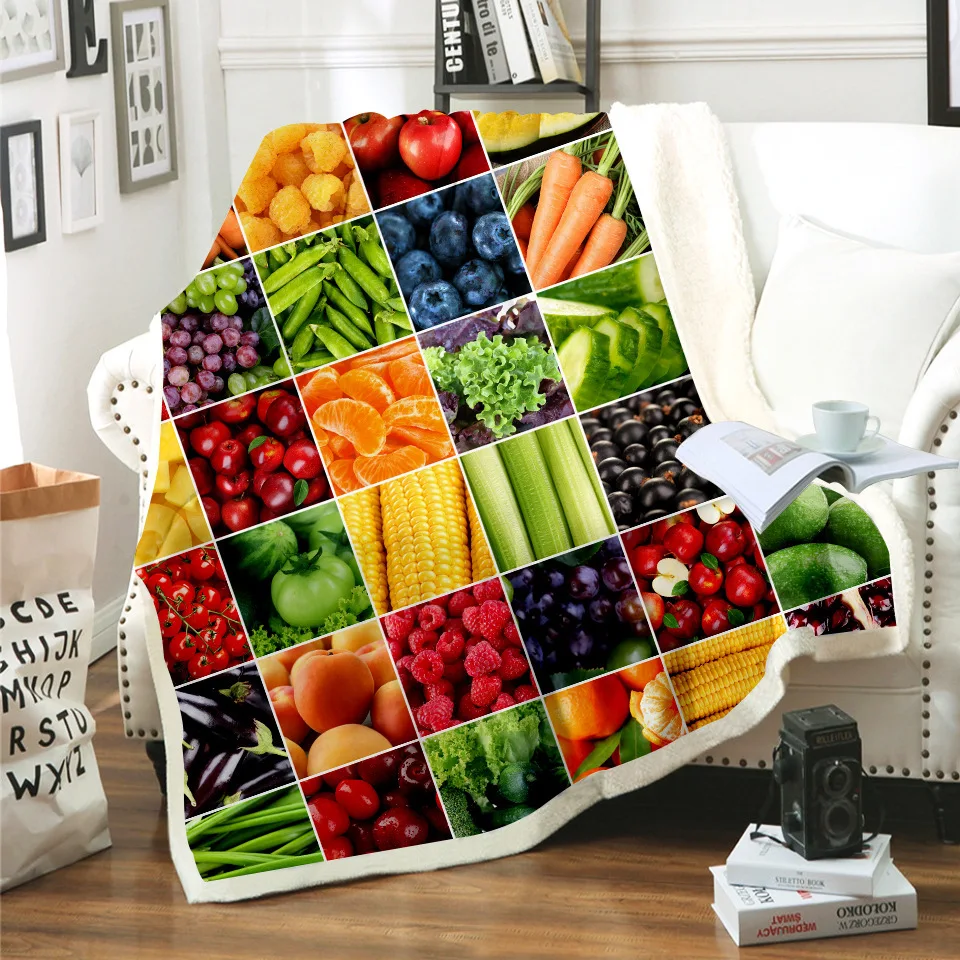 

New Vegetable and Fruit 3D Digital Print Sherpa Blanket Stylish Bedroom Decor Home Textile Flannel Soft Comfortable Bed Blankets
