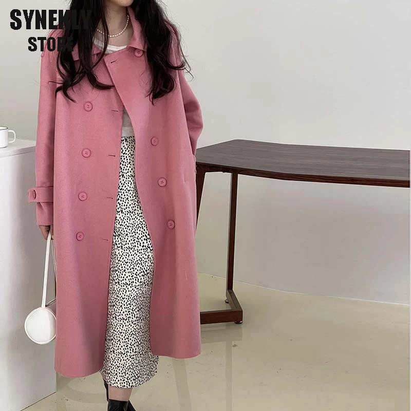 

Женское шерстяное пальто с поясом, Элегантное Длинное однотонное пальто с длинными рукавами в Корейском стиле, Осень-зима 2021