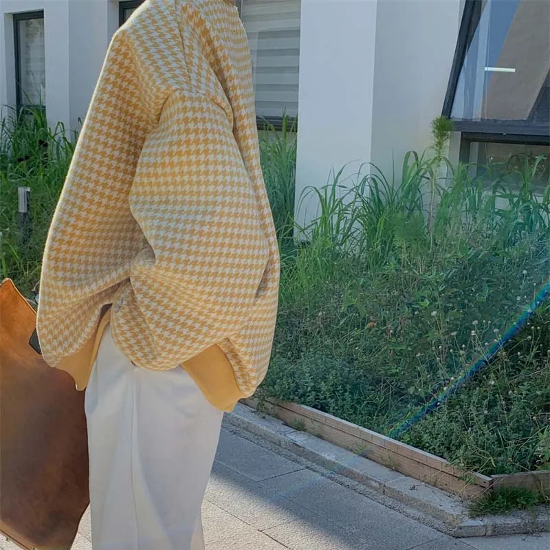 Autumn Long Sleeve Sweatshirts Women Houndstooth Vintage Korean Oversized Lazy O-neck Hoodie Student Chic All-match Tops Trendy | Женская