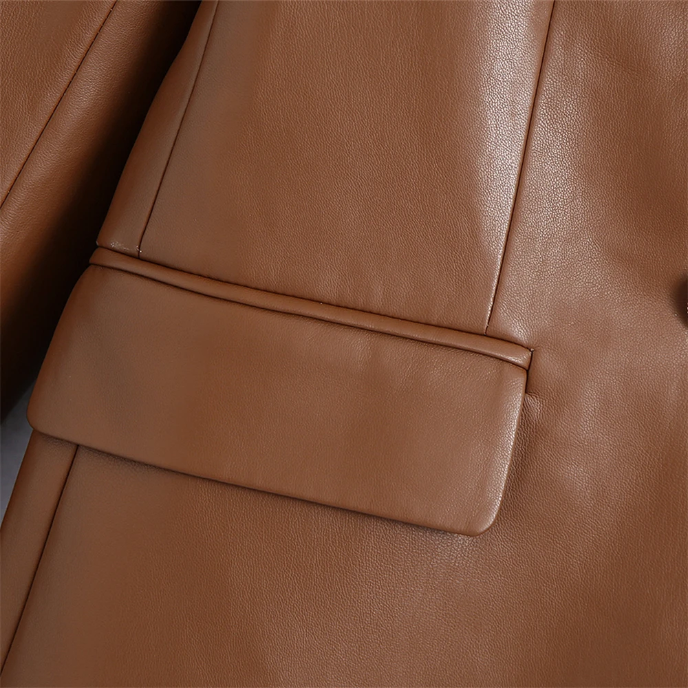 KEYANKETIAN ZA Women's Brown Faux Leather Blazer Long Sleeve Jacket Autumn Double-breasted Office Elegant Women's Blazer