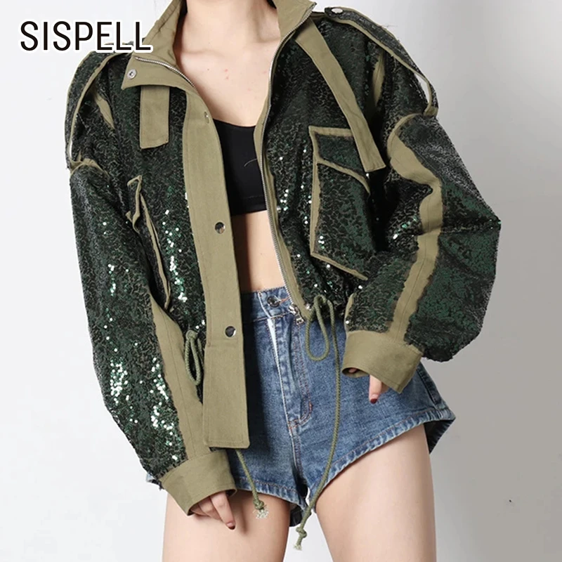 

Женское лоскутное пальто SISPELL с блестками, на шнурке, с воротником-стойкой и длинным рукавом, регулируемое свободное повседневное пальто, мо...