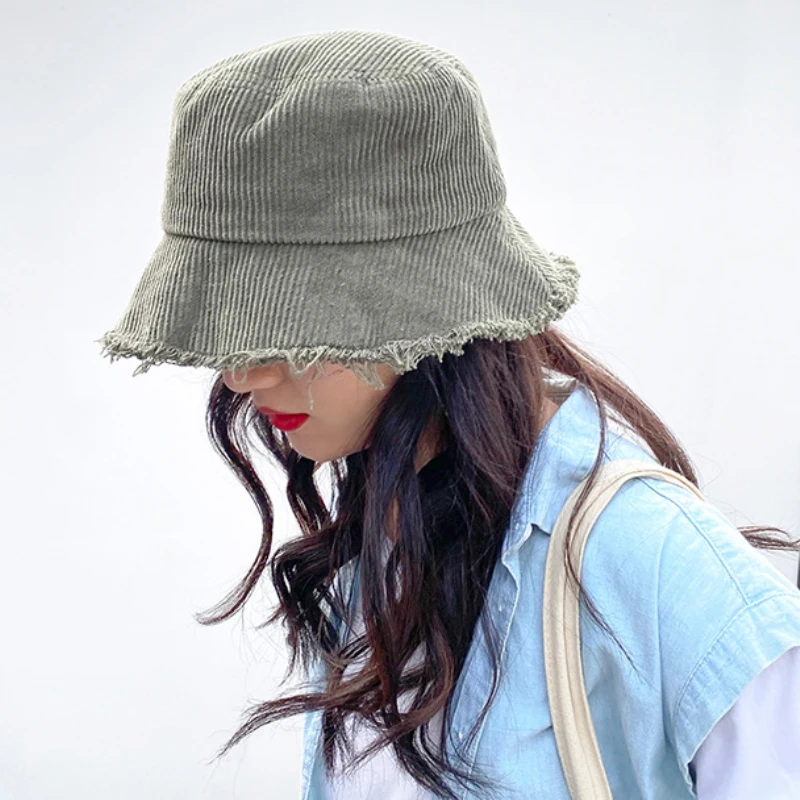 

HT2952 Spring Autumn Hat Women Men Corduroy Bucket Hat Unisex Flat Top Foldable Fishing Fisherman Cap Packable Panama Sun Hat