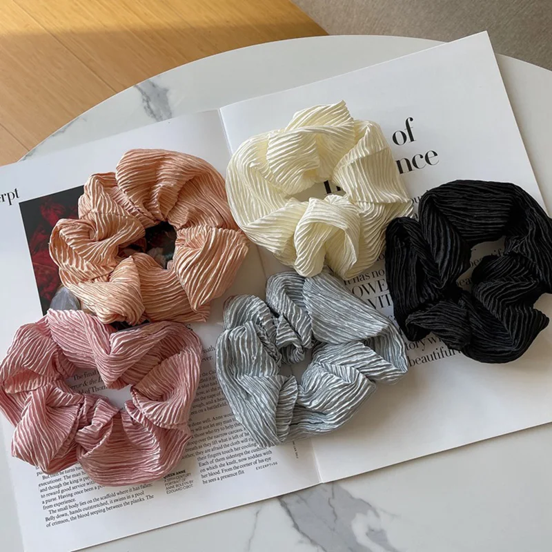 

New Silk Satin Folds Scrunchies Large Elastic Rubber Hiar Band Women Girls Pleated Headband Ponytail Holder Hair Tie Accessories
