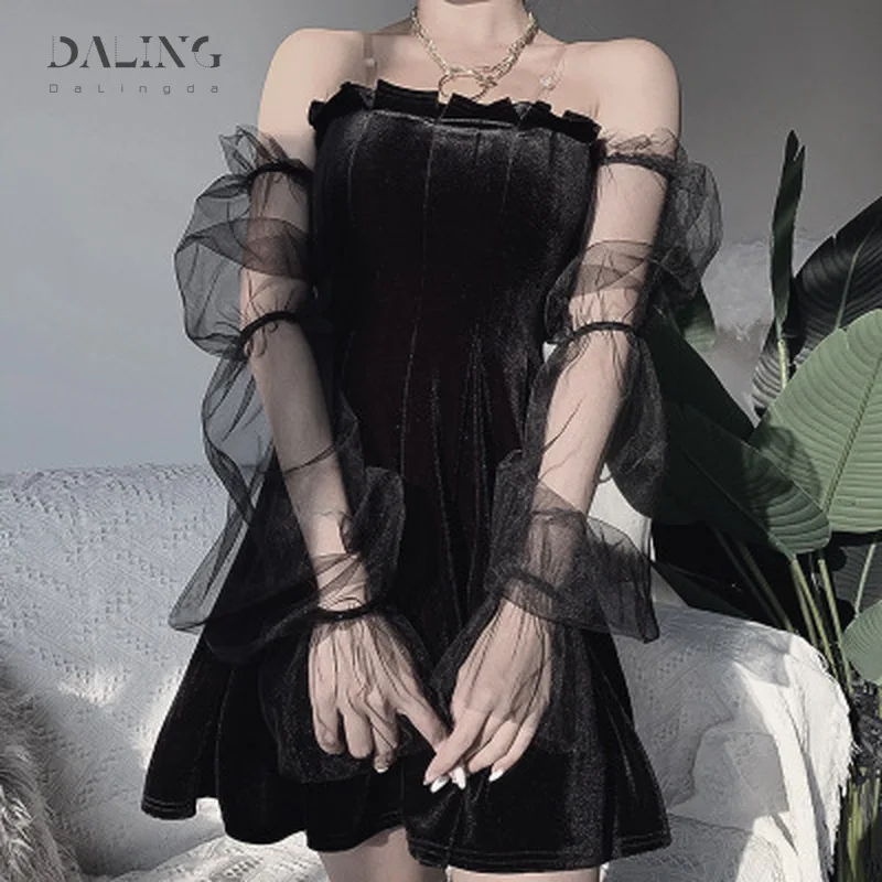 Goth Dark Mesh Vintage Gothic Dresses Egirl 2020 Aesthetic Transpanent Strap Pleated Dress Chic Punk Hip Hop Grunge Emo   Chic