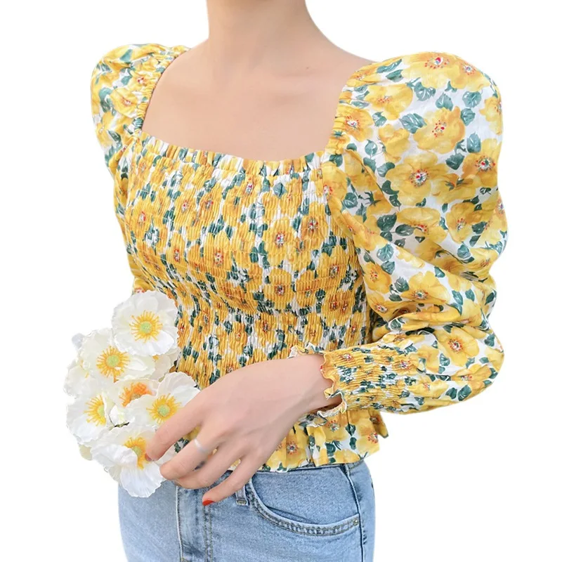 

Women's Floral Print Square Collar Blouse Summer Puff Long Sleeve Sexy Sweet Chiffon Shirts 2021