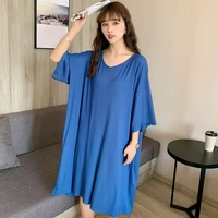 simple solid volor v neck night dress women loose plus size nightshirt half sleeve female summer nightgowns 100 kg wear
