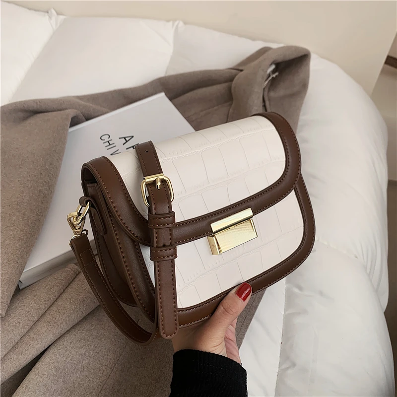 

Vintage Crocodile Embossed Push Lock Saddle Crossbody Bags For Women Two Tone Design Flap PU Small Female Shoulder Bags 2021 NEW