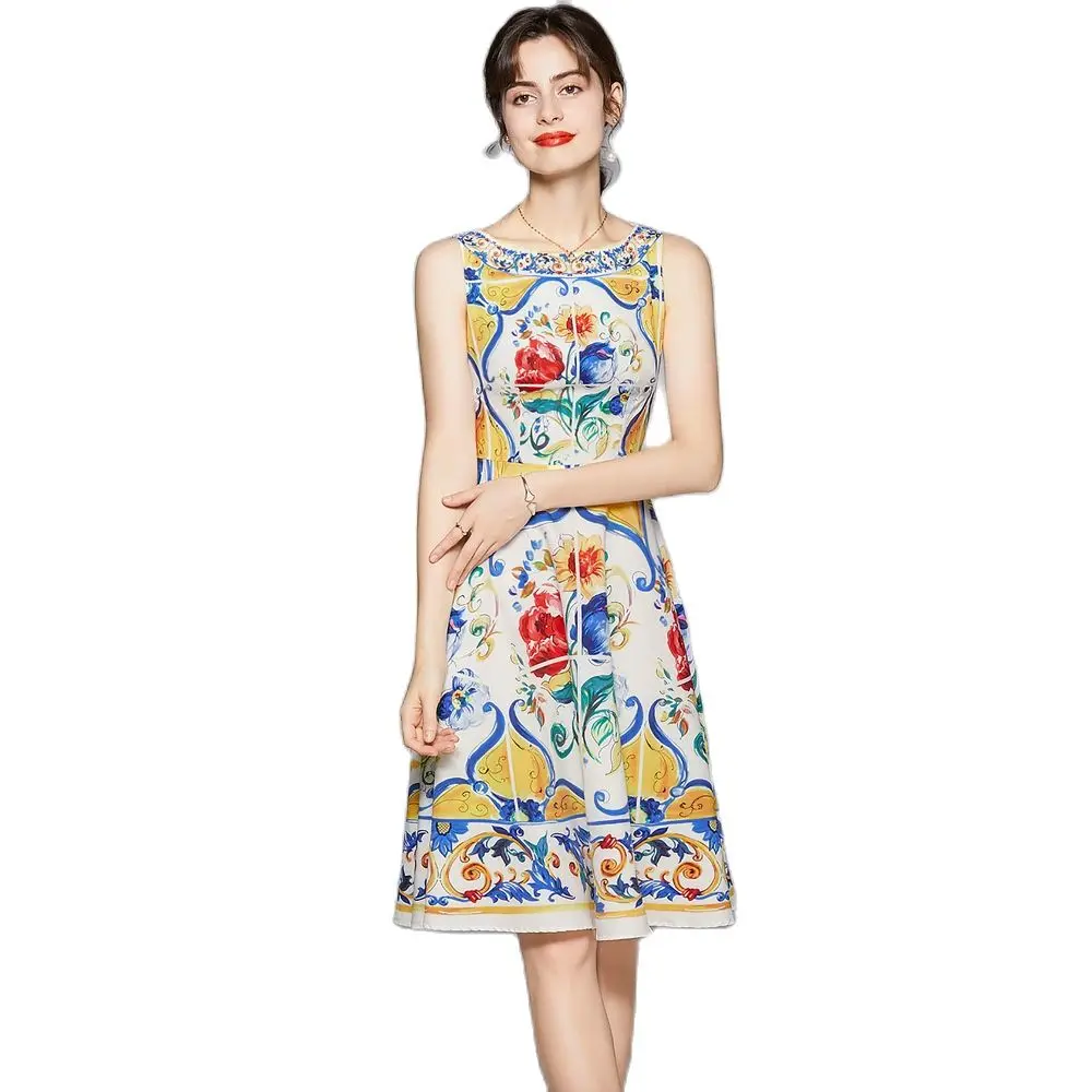 

2021 Summer Lady New Fashion Runway Dress Women's Sleeveless Tank Gorgeous Floral Printed Dress vestido