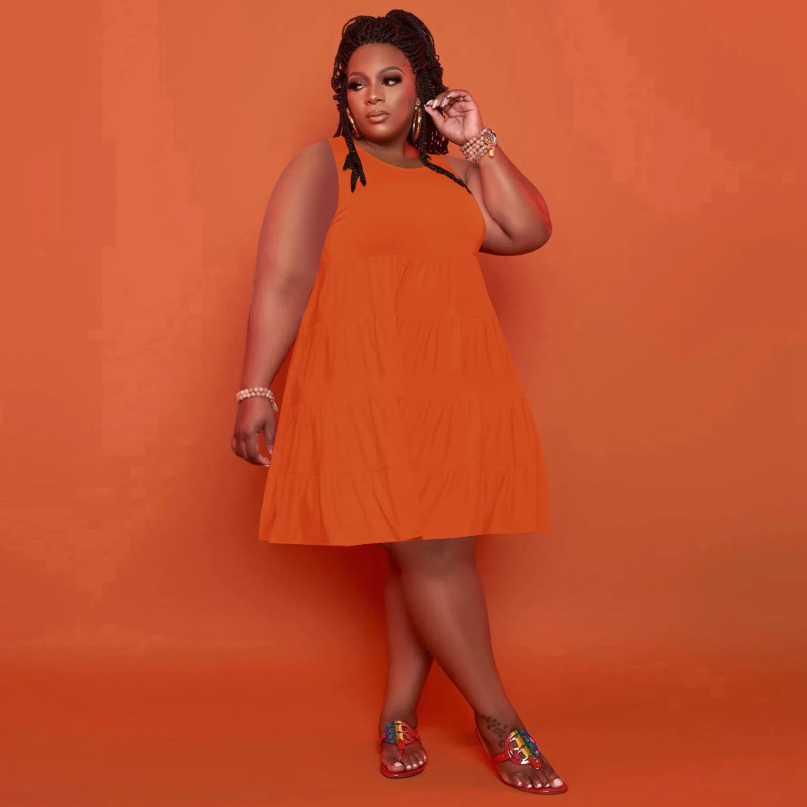 

Summer Women's Dress 2021 Plus Size Loose Chic Pleated Dresses Fashion Summer Ruffles Midi Vestidos Sleeveless Lady Clothing