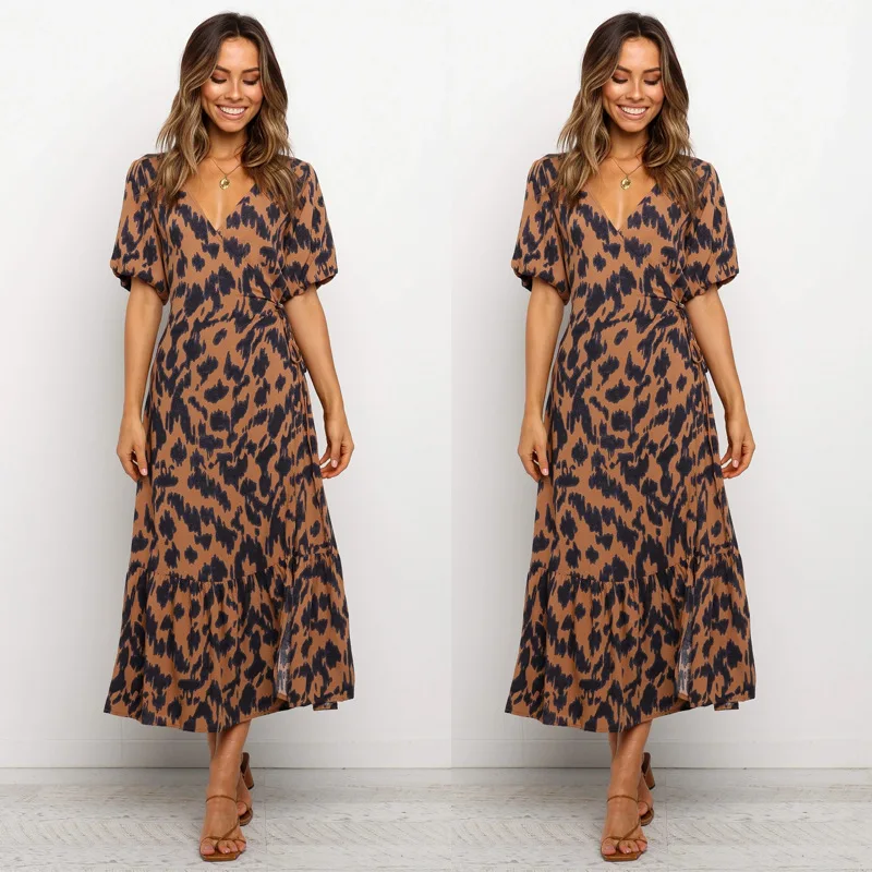 

2021 Cheap Ladies' Dress Sexy V-neck Split Black Printed Short Sleeve Dress Women Dress Elegant
