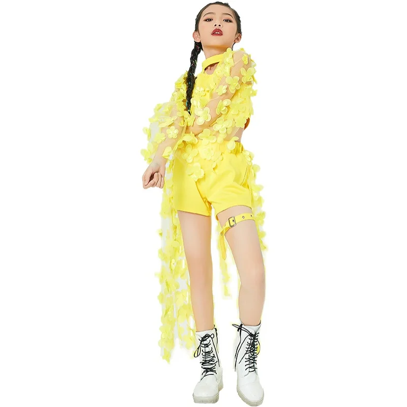 

2021 Fairy Girls Modern Jazz Clothing Flower Tops Skirts Yellow Suit Jazz Hip Hop Dance Stage Costume Kids Catwalk Rave Wear