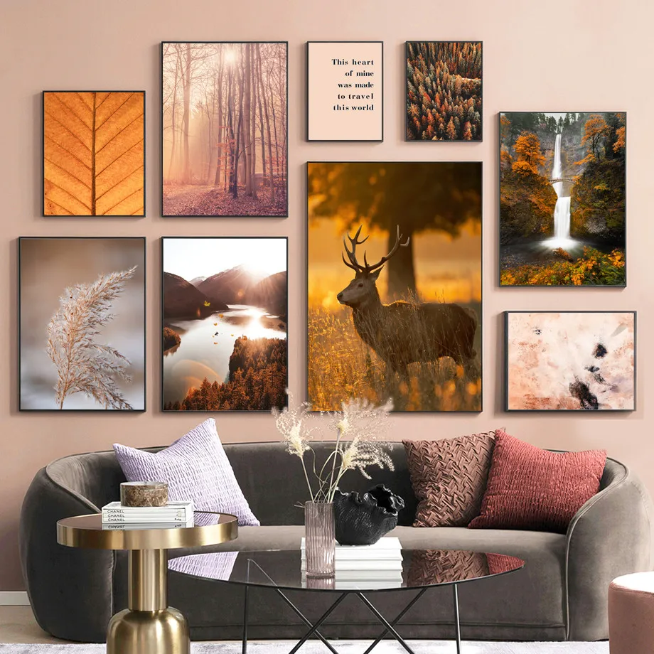 Осенние листья Лесной Олень озеро с водопадом Рид Wall Art Холст Картина Nordic Плакаты