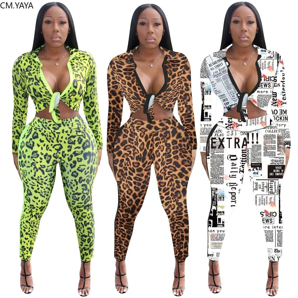 Осенний Женский комплект с леопардовым принтом и буквенным блузы галстуком