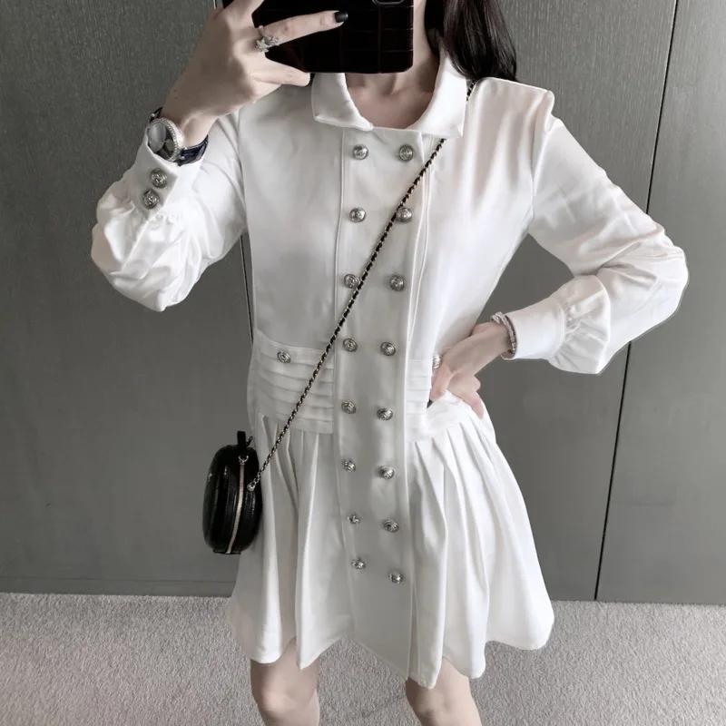 LANMREM одноцветное атласное с отворотом длинным рукавом двубортное талией