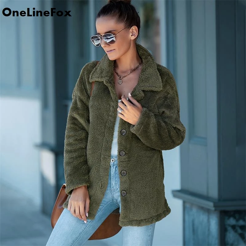 

OneLineFox Women Autumn Vintage Loose Jackets With Buttons Winter Fleece Warm Plush Satin Solid Flannel Fashion Oversize Coat