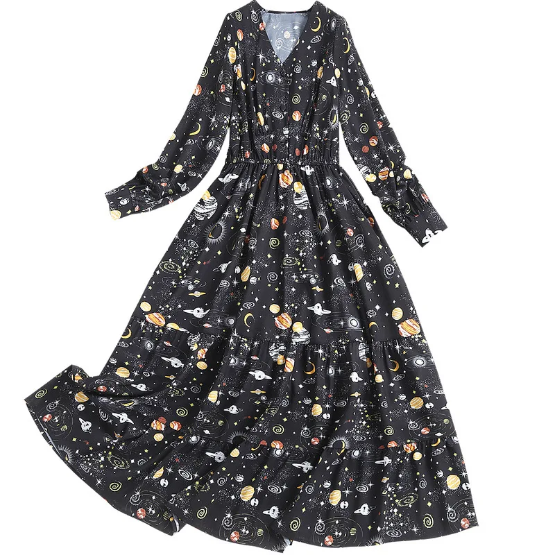 

Women fashion galaxy print chiffon long dress new 2021 spring summer elastic waist full length sleeve ruffles sexy black dresses