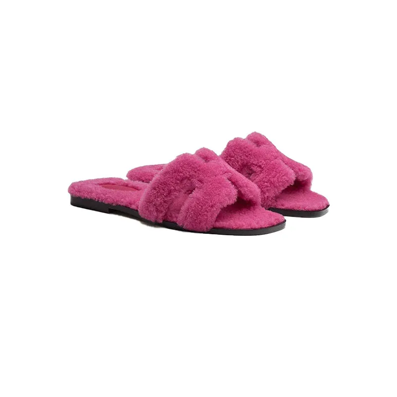 

2021 Fashion New Slippers Luxury Brand 100% Wool Womens Slippers Flat Indoor Flip Flop Sandals Comfortable Plush Slippers