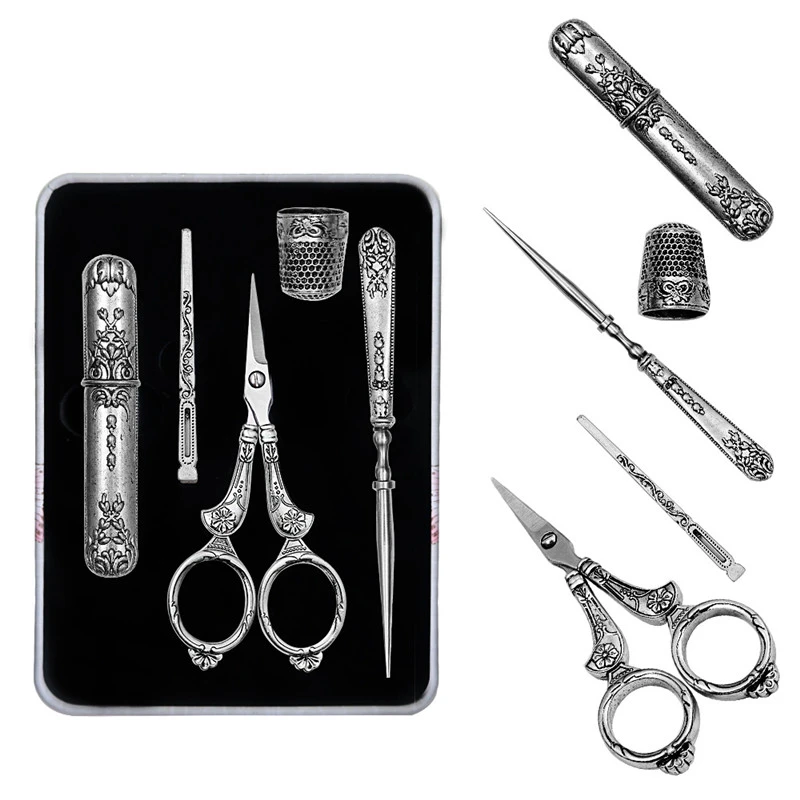 

Professional Sewing Supplies Set High Grade Retro Sewing Tools Vintage Scissors Exquisite Box for Sewing Supplies Craft Scissors