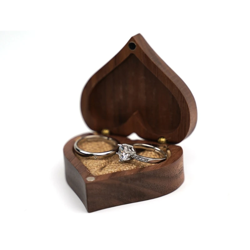 

Heart Shaped Walnut Wood Ring Box Proposal Engagement Ring Holder Velvet Soft Interior Jewelry Ring Earrings Wooden Box