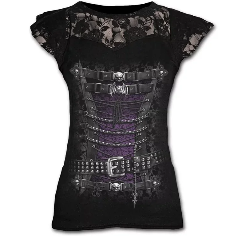 

Plus Size Goth Graphic Lace T Shirts for Women Gothic Clothing Black Grunge Punk Tees Ladies Y2k Short Sleeve Tops Summer Tshirt