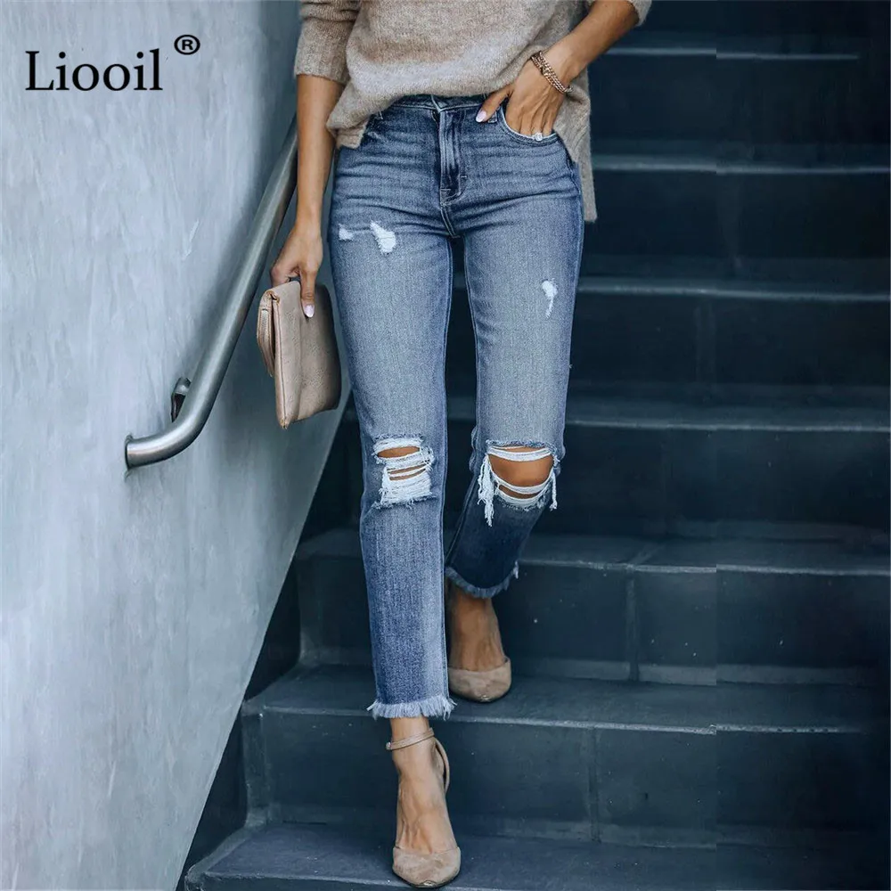 

Sexy Stretch Ripped Tassel Straight Jeans Women Mid Waist Streetwear Black Blue Wash Distressed Trousers Skinny Hole Denim Pants