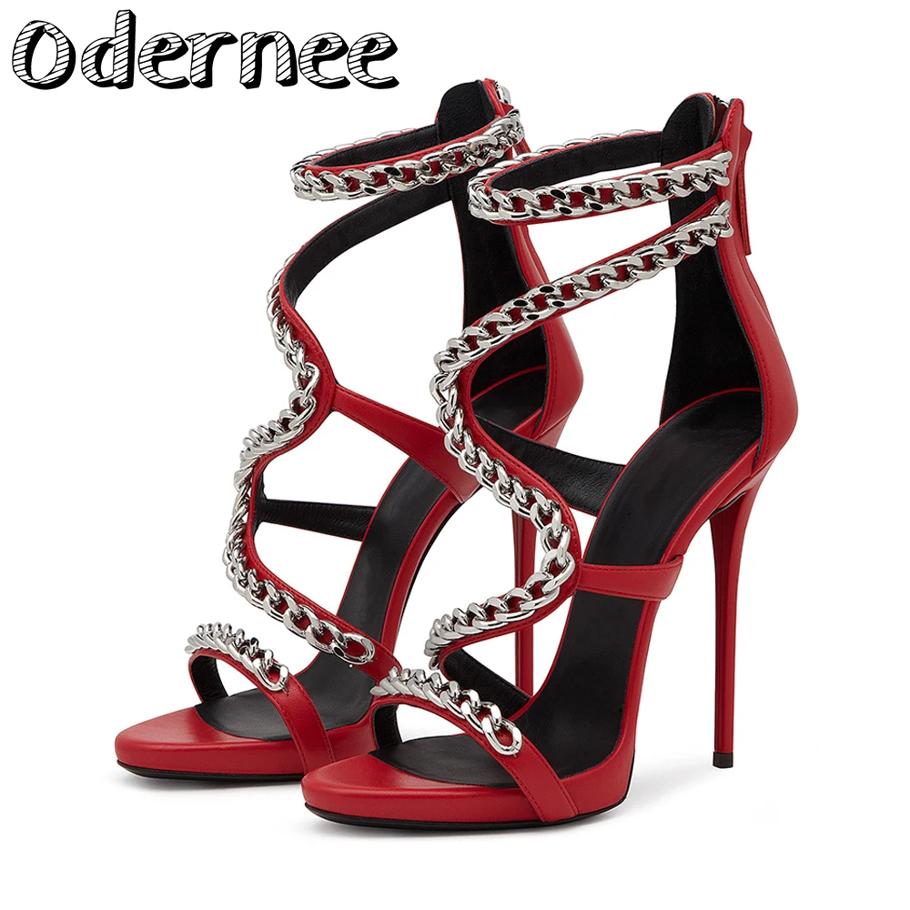 

ODERNEE Summer Sexy Sandals Women Fashion Chain Thin High Heels Shoes Pointed Toe Party Dress Pumps Ankle Strap Sandals 2021