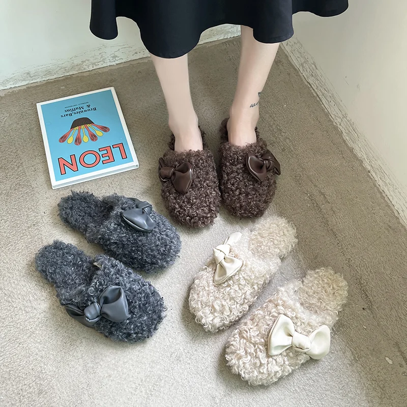Baotou Slippers Women's Outer Wear Spring, Autumn and Winter Lamb Hair All-match Fashion Sandals Plush Flat Bow Hairy Shoes