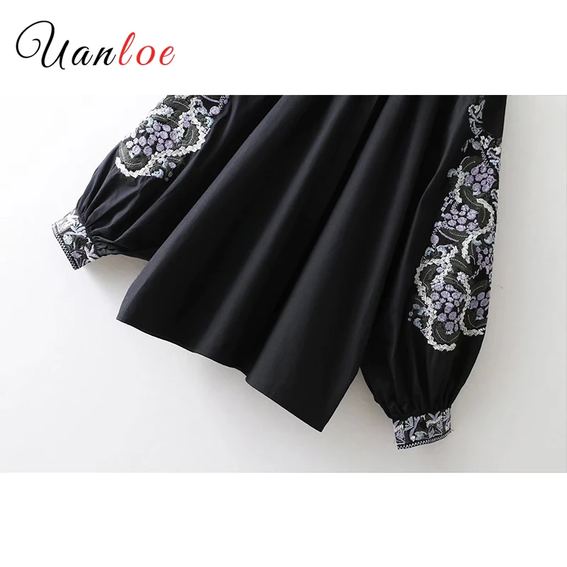 Классические черные топы винтажная Свободная рубашка с цветочной вышивкой