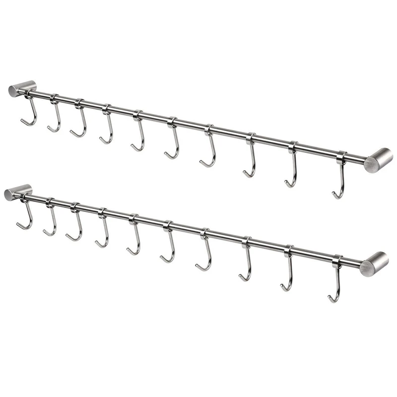 

2X Kitchen Rail Rack Wall Mounted Utensil Hanging Rack Stainless Steel Hanger Hooks for Kitchen Tools 10 Sliding Hooks