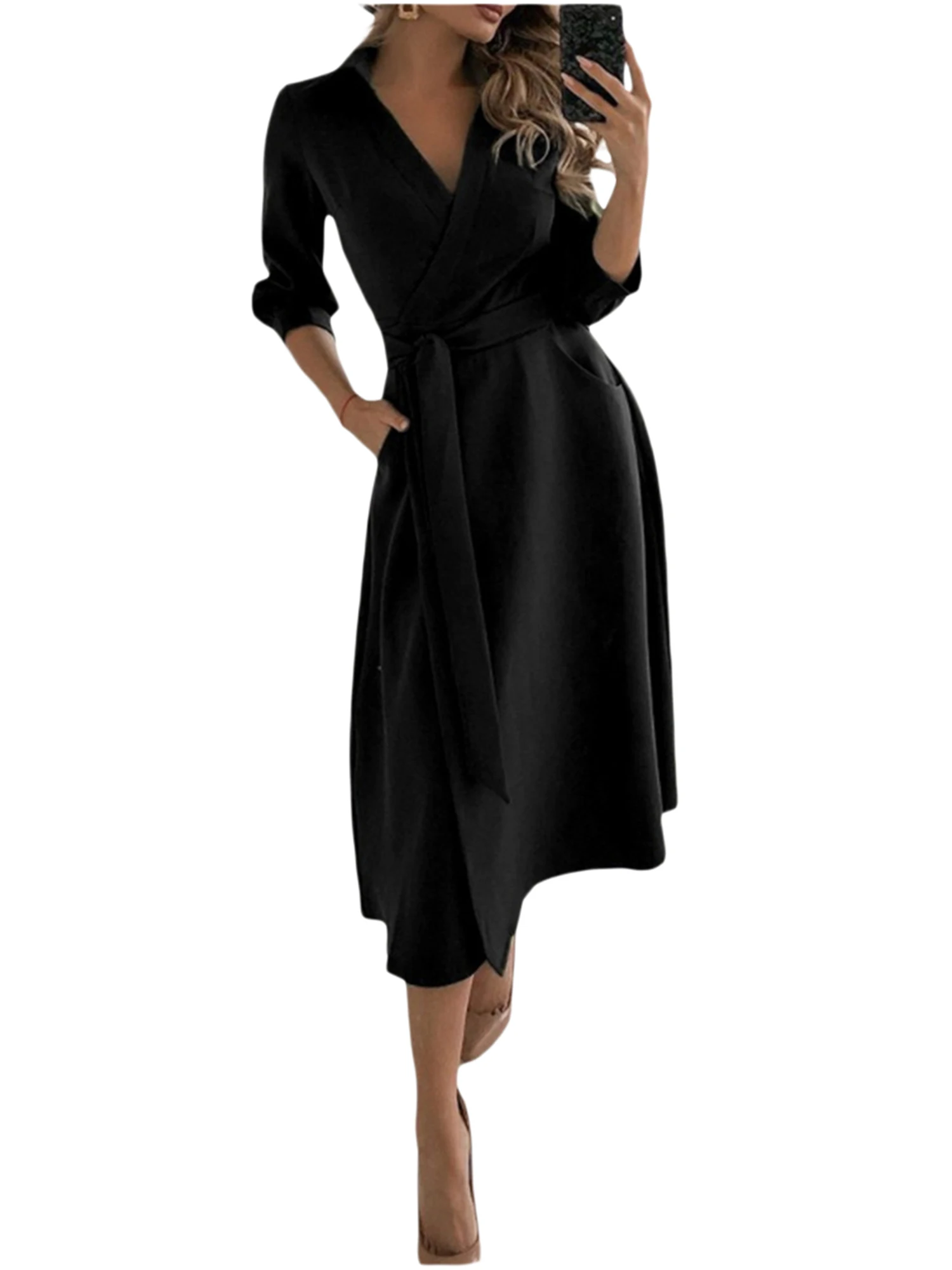 

Women Tie-up Mid-rise Dress, Adults Solid Color/Print Long Sleeve V-neck Dress