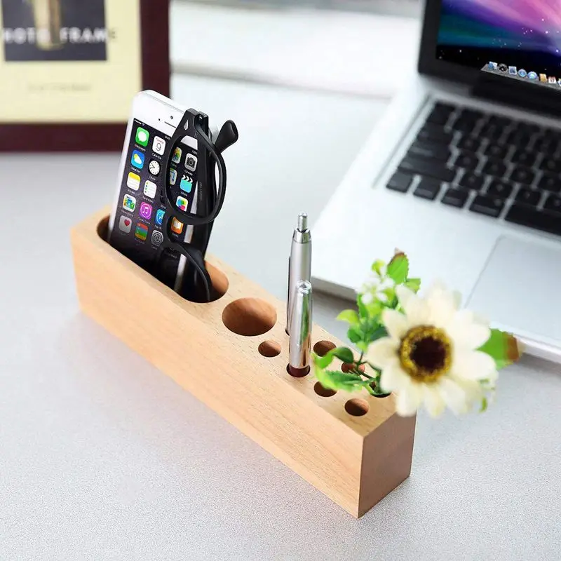 

Office Supplies Desktop Storage Box Stationery Solid Wood Pen Holders,Mobile Phone Stand Wood Pen Stand 10 Slots Desk Organizer