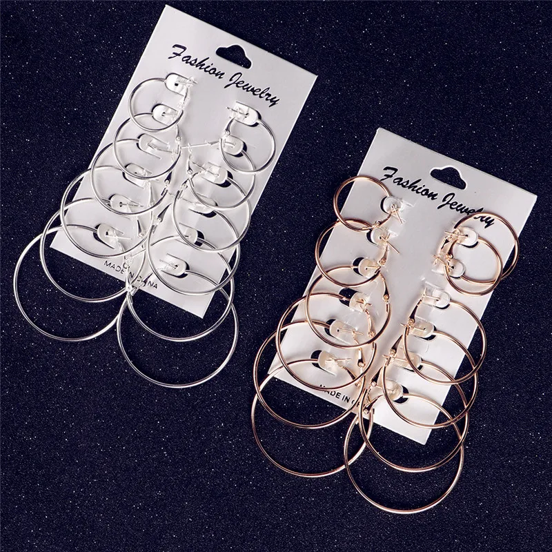 6 Pairs Hoop Earrings Set Big Circle Earring Fashion Jewelry for Women Girls Steampunk Ear Clip korean 2019 | Украшения и