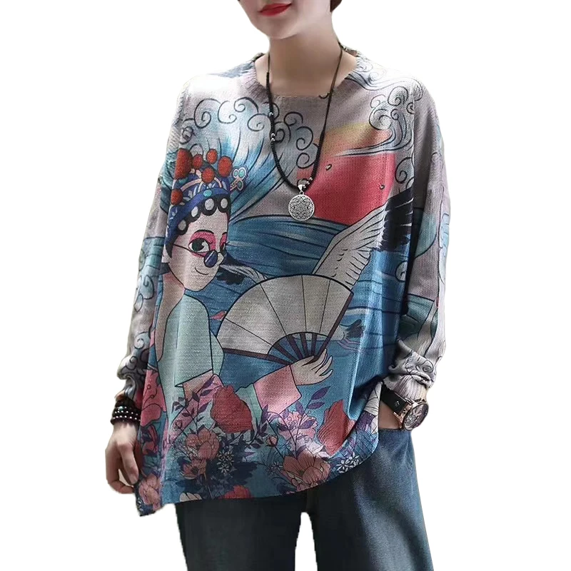 

Spring Women Long Sleeve Sweaters Shirt Women Spring Cartoon Printed Tops Autumn Vintage Knitted Pullover Blouse Ropa De Mujer