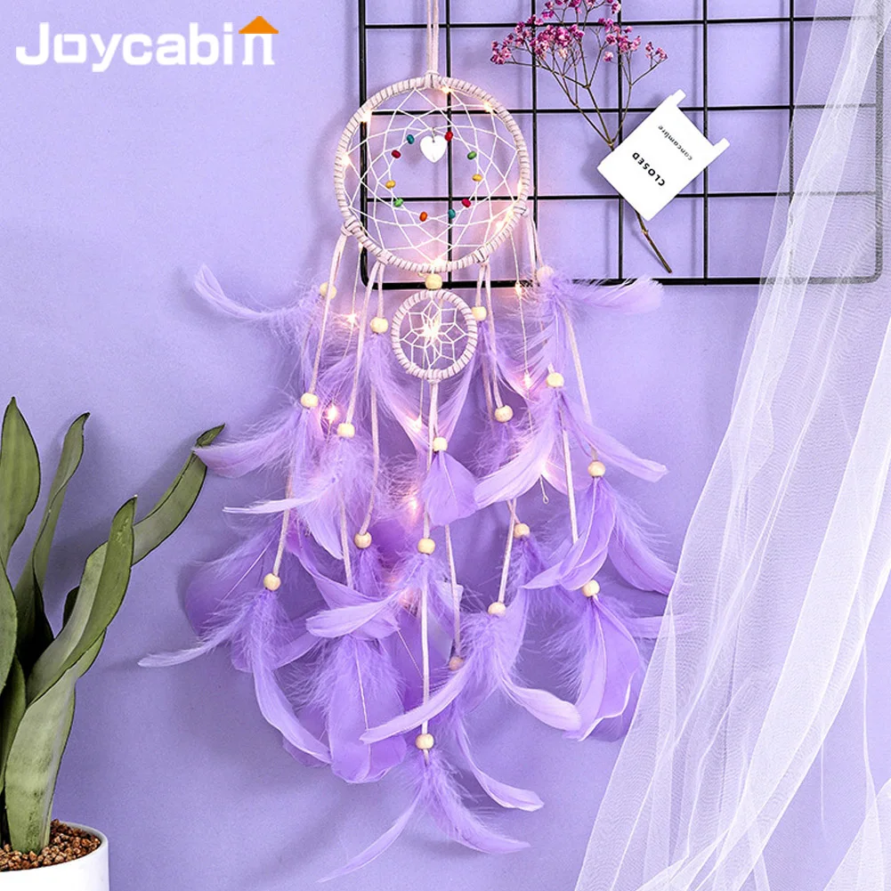 

Настенный Ловец снов Joycabin, светодиодный Ловец снов ручной работы с перьями, плетеные ветряные колокольчики, искусство для украшения комнат...