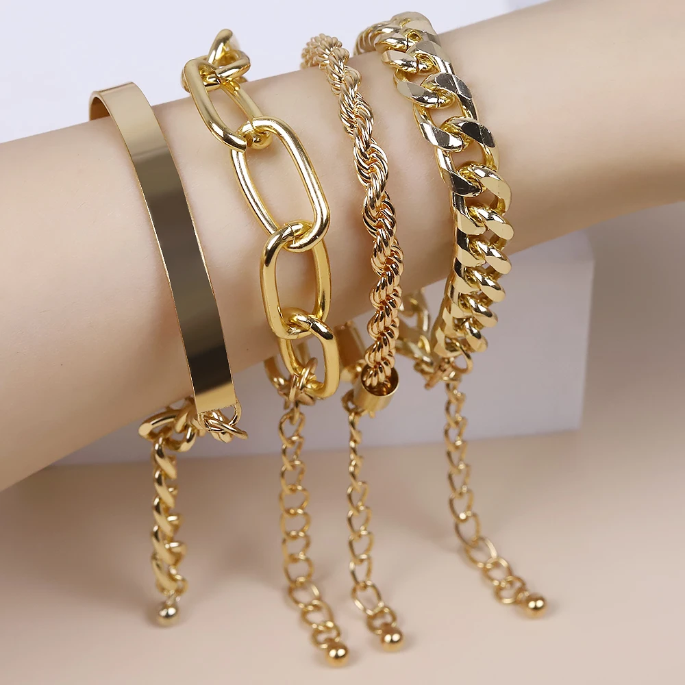 

5 Pcs Punk Gold Zircon Thick Chain Bracelet Female Bohemian Geometric Hip Hop Rock Jewelry Girl Party Gift