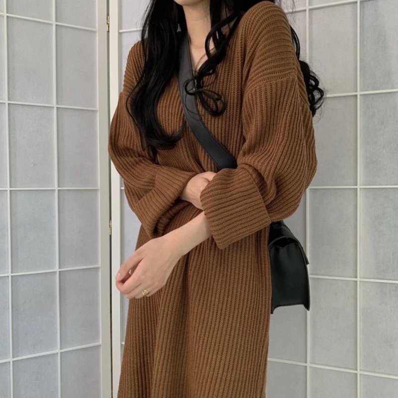 BGTEEVER зимнее теплое длинное платье-свитер в полоску с v-образным вырезом для