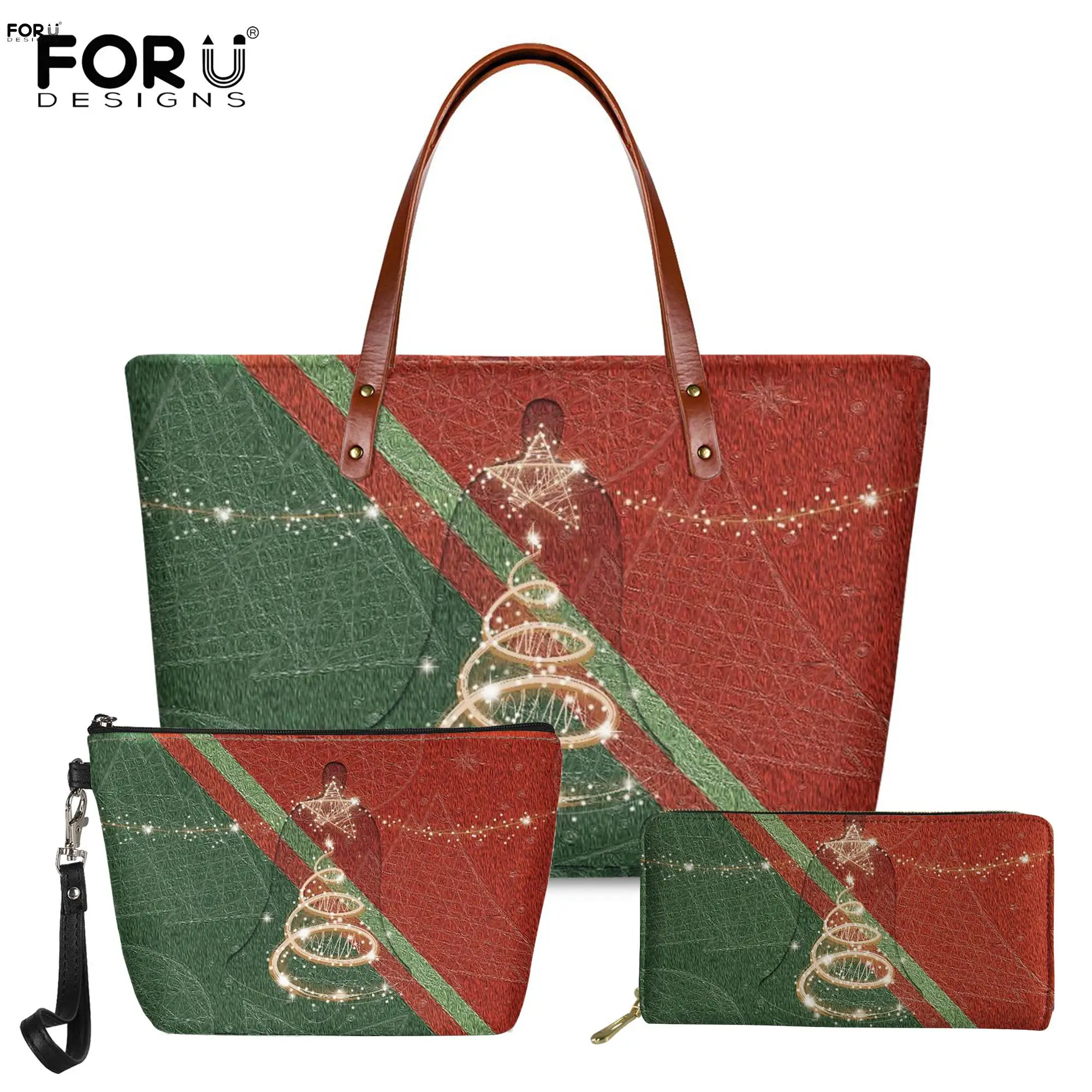 

FORUDESIGNS Fashion Women's Shoulder Bag Set Beautiful Christmas Tree Print Handbag with Purse Cosmetic Bag Luxury Lady Tote Bag