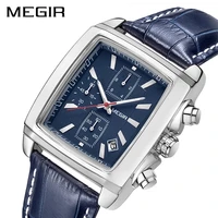 megir leather blue watch men top brand luxury chronograph military quartz watches for man waterproof luminous reloj hombre 2028