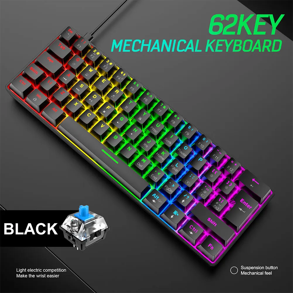 2021 new backlit t60 gaming mechanical keyboard type c wired 62 keys blue switch pc computer for laptop computer free global shipping