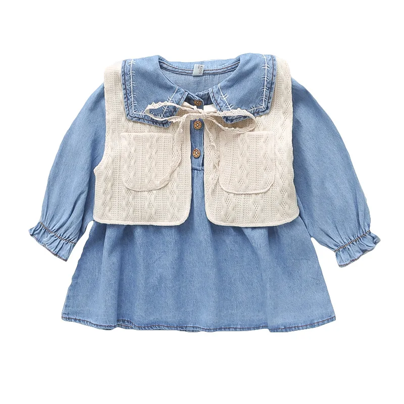 

Girls 0-5 years old knitted wool vest denim skirt 2021 spring and autumn new long-sleeved girls and girls two-piece baby suit