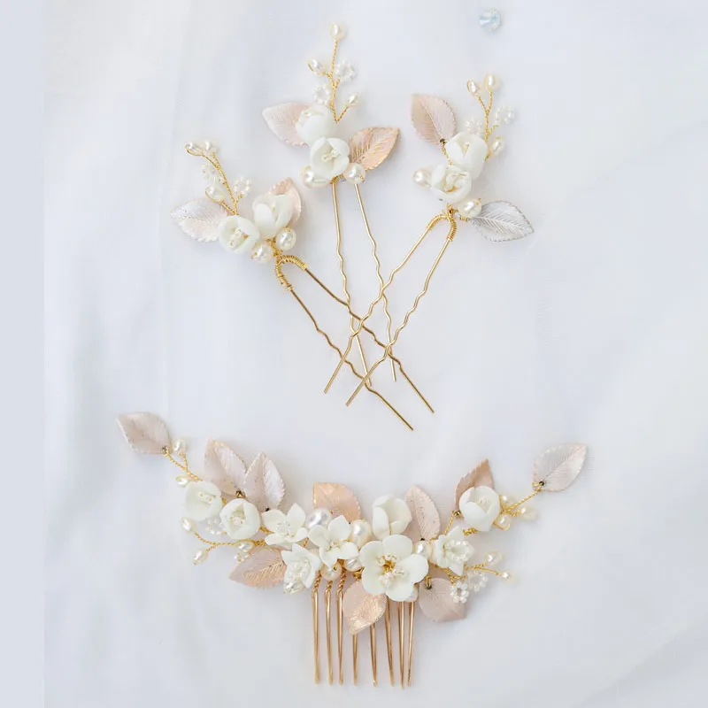 

Floralbride Handmade Ceram Flower Freshwater Pearls Bridal Hair Comb Hair Pin Set Wedding Headpieces Women Hair Accessories