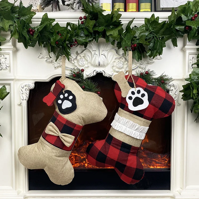 

Christmas Socks Candy Bag Navidad Check Cloth Bone Pet Christmas Decor Socking Christmas Decortions Gift Bag 2022 New Year
