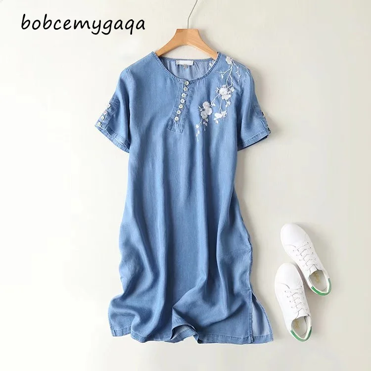 Женское летнее платье с вышивкой повседневное свободное синее из джинсовой