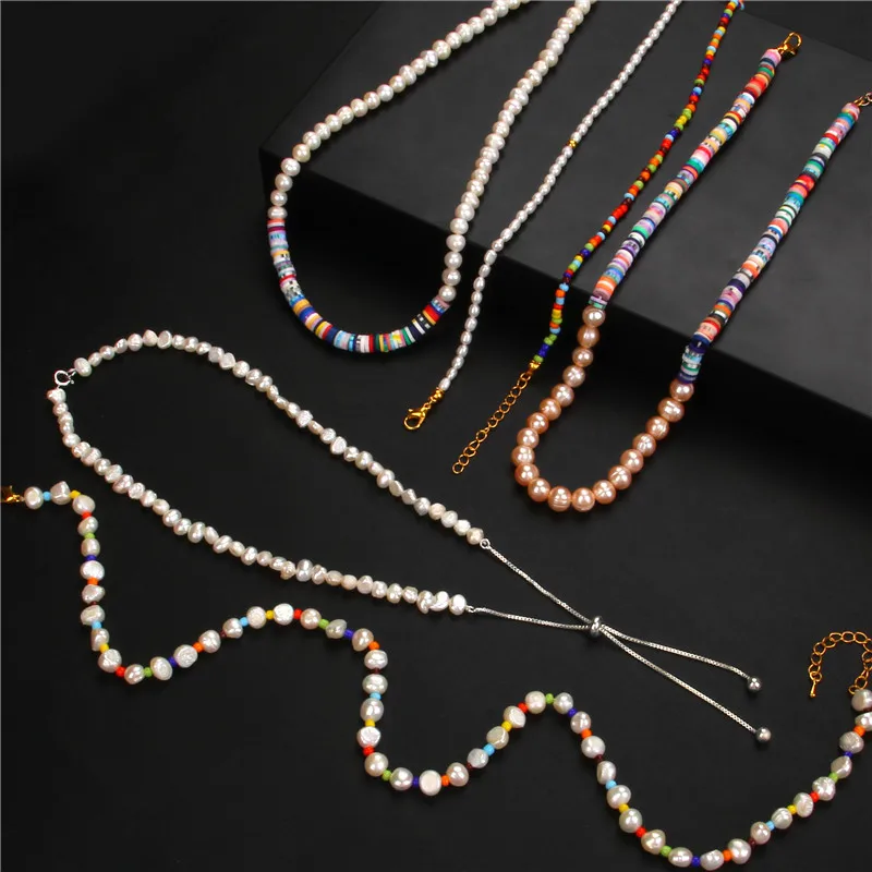 Colour Boho Fashion Natural Pearl Necklace Soft Polymer Clay Beads Chockers Necklace Women Femme Jewelry Female Clavicle Chain
