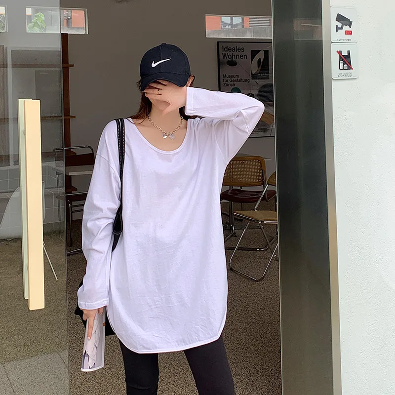 

Spring and Autumn Korean version with loose cotton round neck white long-sleeved T-shirt women's bottoming shirt mid-length top