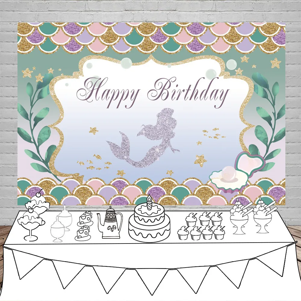 Mermaid Birthday Party Decorations Happy Background Little Decoration For Kids BR47 | Дом и сад