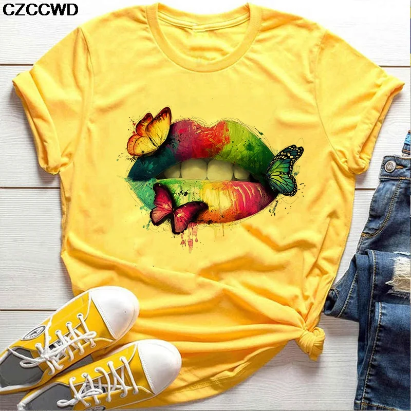 Футболка женская с принтом губ и леопарда базовый топ круглым вырезом помадой